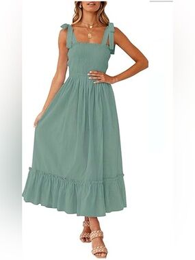 AnraBess Tie-Shoulder Smocked Maxi Dress in Forest Green Size Large